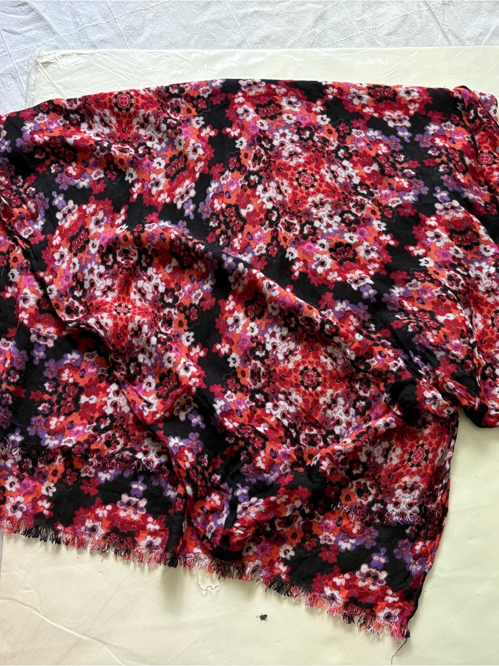 J. Crew Black Scarf with Red, Pink & Purple Floral Print 22 by 66 inches